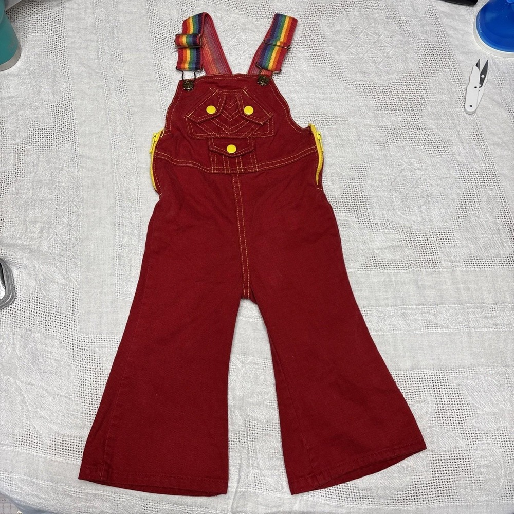 VTG 60s 70s Mambro Toddler Overalls 2T  Red Cotton Overalls Rainbow‎
